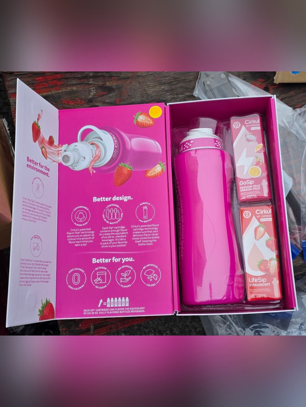 Cirkul Pink Water Bottle + Strawberry Flavor Cartridge Pack